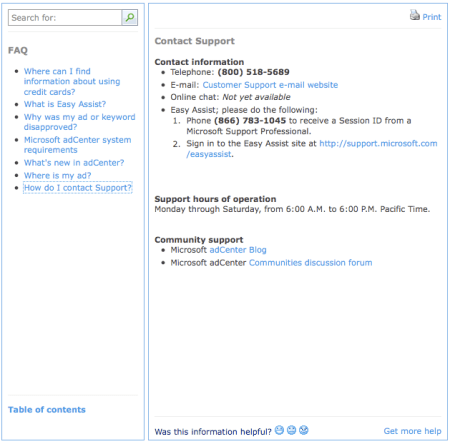 Microsoft adCenter Customer Support Telephone Number