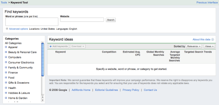 New Keyword Tool  Interface
