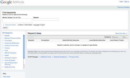Google Adwords External Keyword Tool