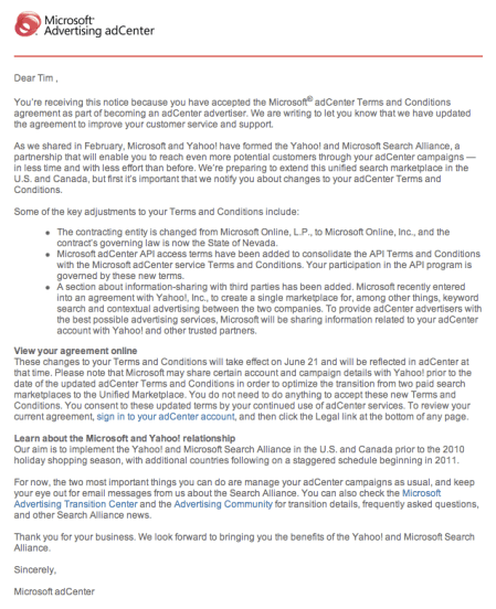 Microsoft Advertising Change In Terms and Conditions