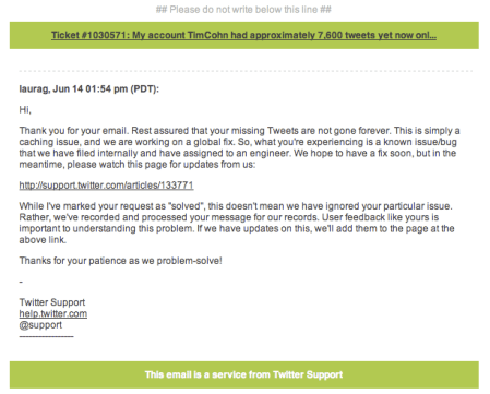 Twiiter Support Response