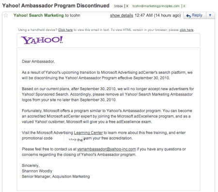Yahoo Ambassador Program Discontinued